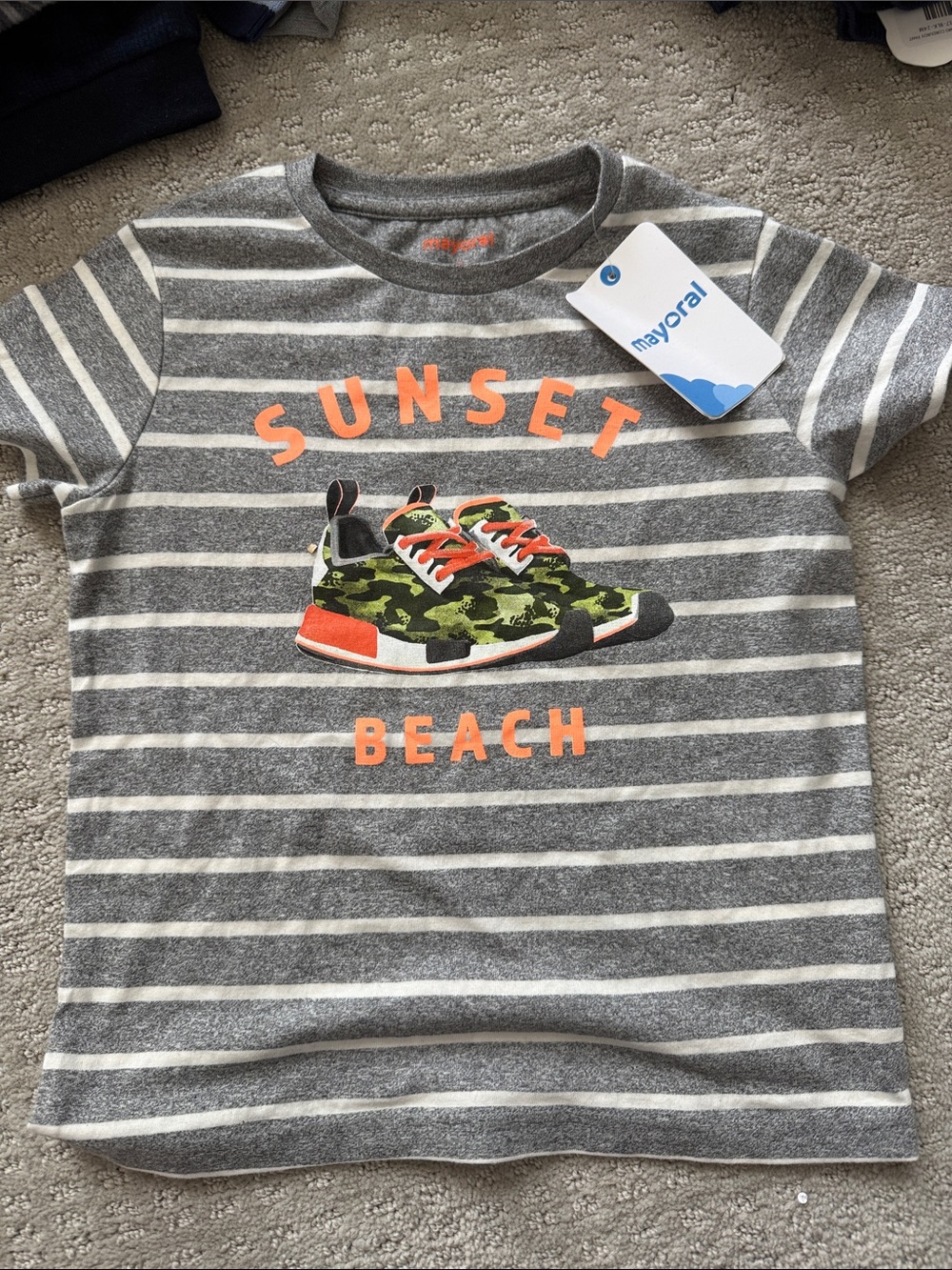Mayoral Gray & White Striped Tee with Camo Sneaker Graphic